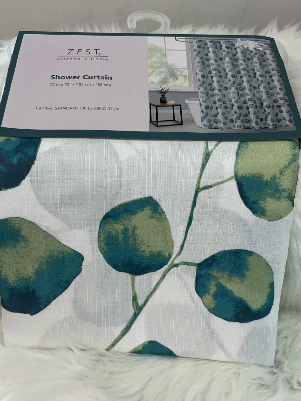 ZEST Kitchen + Home Shower Curtain 72” x 72” Green Teal Leaf Print